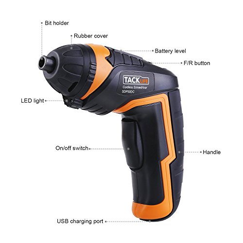 Tacklife SDP50DC Cordless Rechargeable Screwdriver 3.6-Volt 2000mAh Li-ion MAX Torque 4N.m - LED, 31pcs Driver Bits, USB Charging, USB Charging Cable