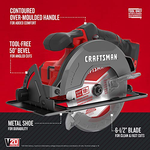 CRAFTSMAN V20 6-1/2-Inch Cordless Circular Saw, Tool Only (CMCS500B)