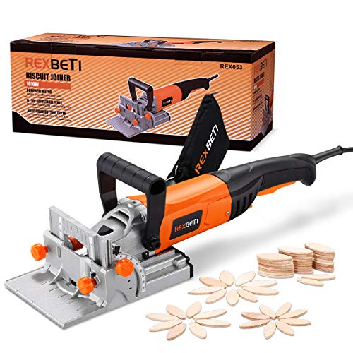 REXBETI Wood Biscuit Plate Joiner Kit with 4 Inch Tungsten Carbide Tipped Blade and 100pcs Wood Connecting Plates, Adjustable Fence and Angle Knob for Precise Positioning, Suitable for All Wood Type