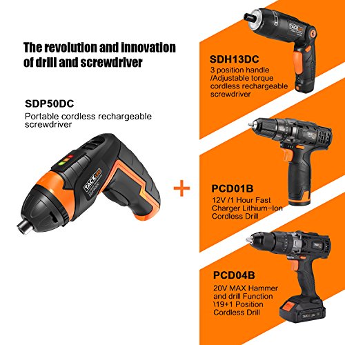 Tacklife SDP50DC Cordless Rechargeable Screwdriver 3.6-Volt 2000mAh Li-ion MAX Torque 4N.m - LED, 31pcs Driver Bits, USB Charging, USB Charging Cable