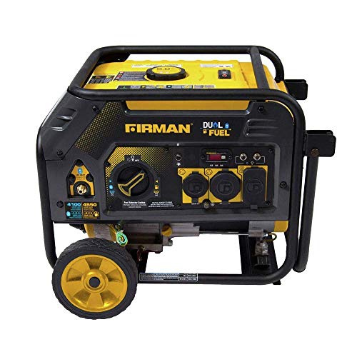 Firman H03652 4550/3650 Watt Recoil Start Gas or Propane Dual Fuel Portable Generator CARB and cETL Certified with Wheel Kit, Black